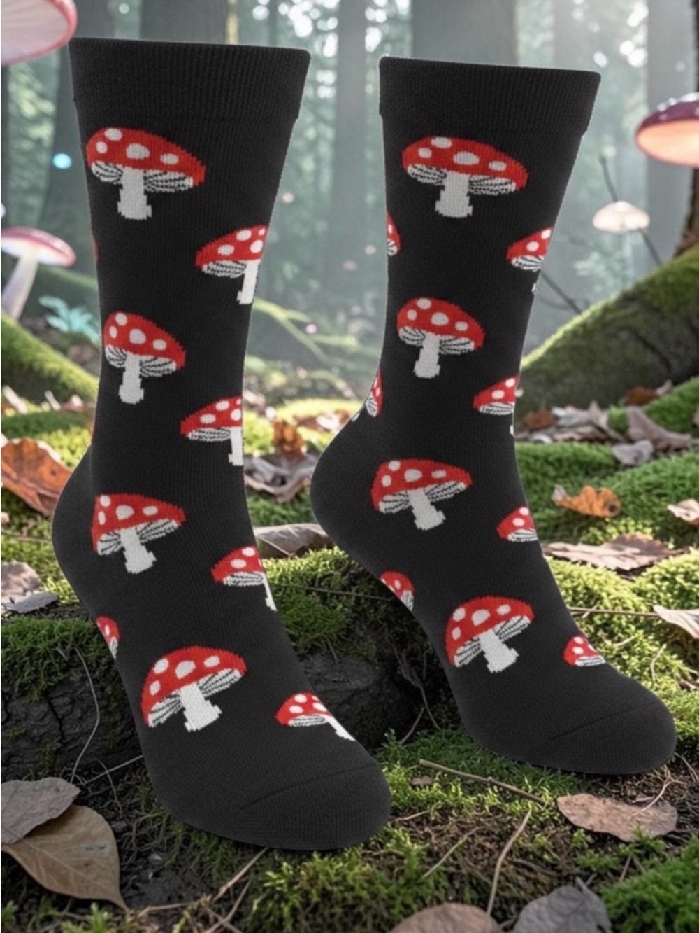 Black Crew Socks with Red Mushroom Pattern - Picture 2 of 7